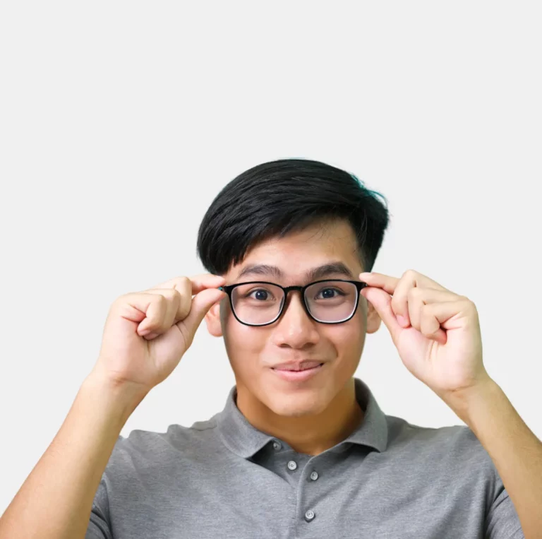 Patient wearing a pair of eyeglasses