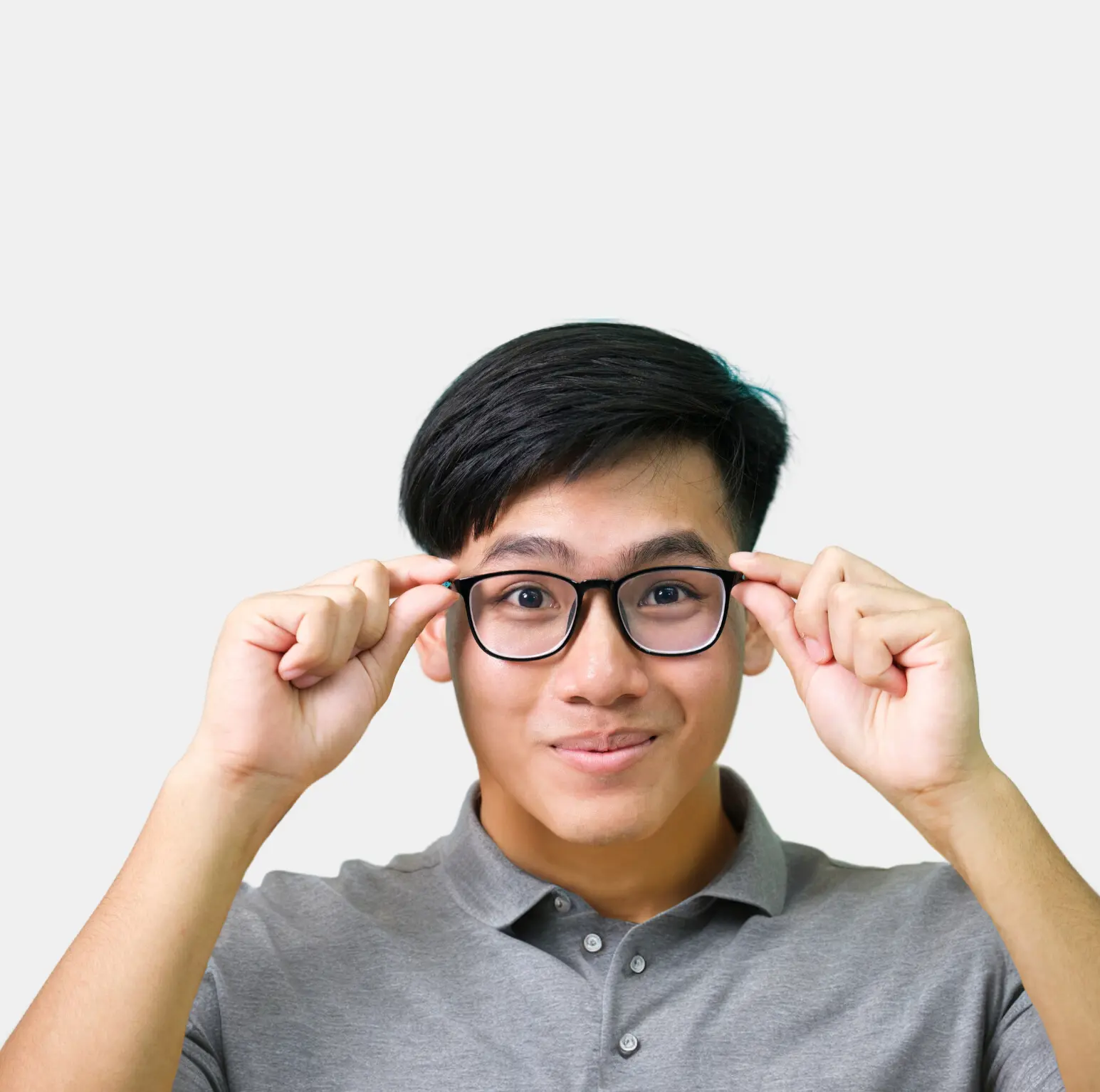 Person Wearing a Pair of eyeglasses on a white background
