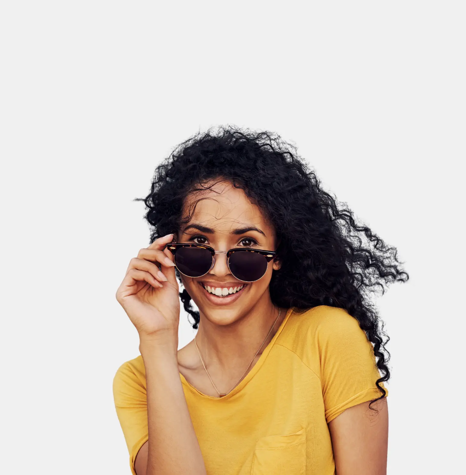 Person Wearing a Pair of sunglasses on a white background