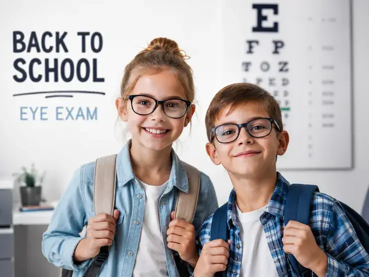 Two school-age children wearing glasses, with backpacks, at an eye exam